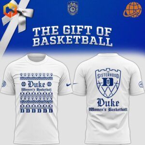 White t-shirt and hoodie with blue Duke Women's Basketball designs and "The Sisterhood" logo.