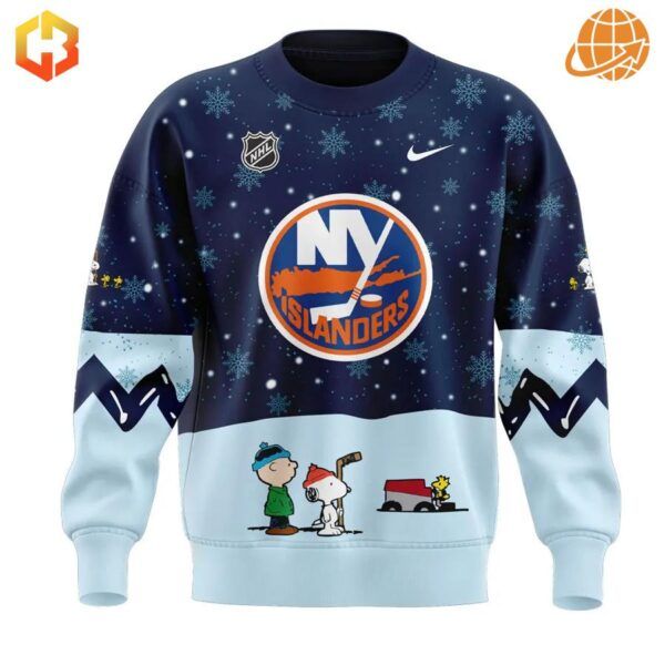 Front view of New York Islanders Peanuts Snoopy Night Sweatshirt with Islanders logo and Peanuts characters.