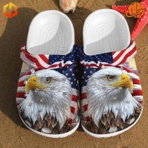 Patriotic Crocs with an eagle and American flag design.