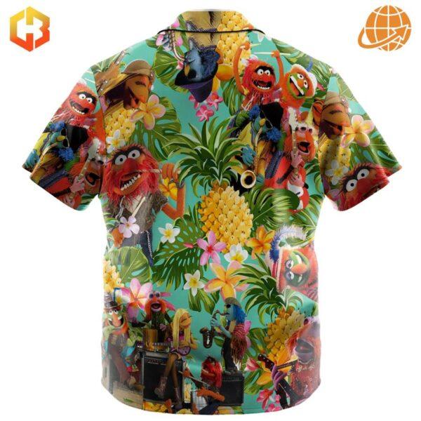 A vibrant Hawaiian shirt with a tropical print, showcasing Dr. Teeth, Animal, Janice, Floyd Pepper, Zoot, and Lips playing their instruments on a beach.