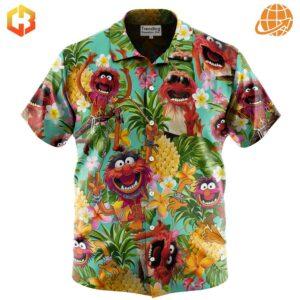 A vibrant Hawaiian shirt featuring Elmo and other beloved Muppet characters, perfect for summer fun.