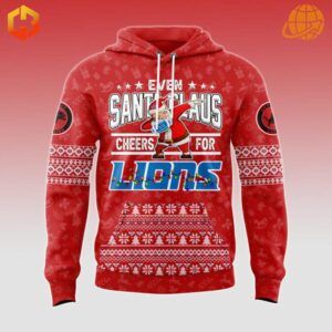 Front design of the Even Santa Claus Cheers for Detroit Lions Hoodie showcasing Santa Claus cheering for the Lions with Christmas-themed patterns and bold Lions logo.