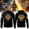 Firefighter Appreciation Night Boston Bruins Hoodie displayed with firefighter in action and team emblems.