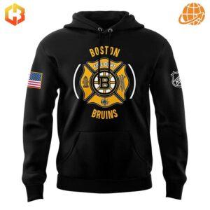 Close-up of Firefighter Appreciation Night Boston Bruins Hoodie front design with Bruins logo in firefighter crest.