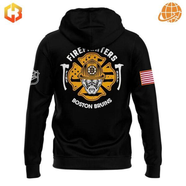 Rear view of Firefighter Appreciation Night Boston Bruins Hoodie with firefighter helmet and team name.