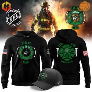 Firefighter Appreciation Night Dallas Stars Hockey Hoodie displayed with firefighter background and team logos.