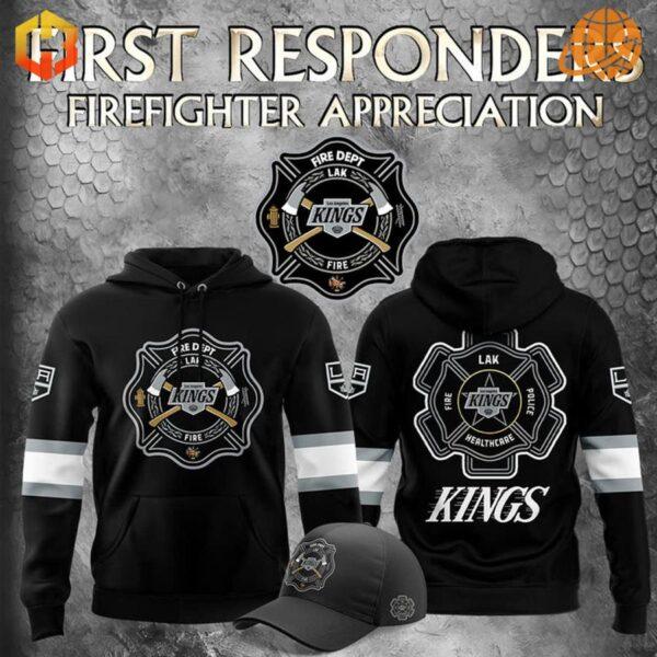 Firefighter Appreciation Night Los Angeles Kings Hockey Hoodie with firefighter emblem and Kings logo.