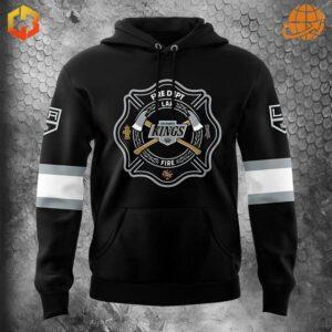 Close-up of Firefighter Appreciation Night Los Angeles Kings Hockey Hoodie with detailed firefighter emblem and Kings logo.