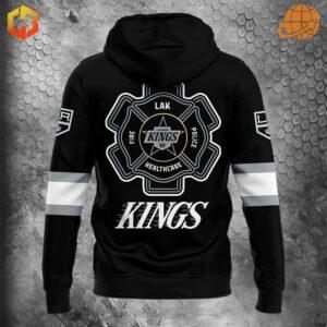 Back view of Firefighter Appreciation Night Los Angeles Kings Hockey Hoodie with firefighter emblem and bold 