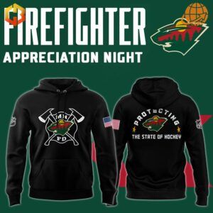 Firefighter Appreciation Night Minnesota Wild Hockey Hoodie displayed front and back on green background with event logo.