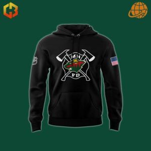 Front view of Firefighter Appreciation Night Minnesota Wild Hockey Hoodie showing crossed axes logo and American flag on sleeve.