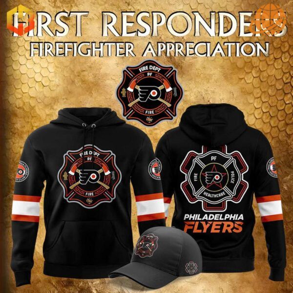 Firefighter Appreciation Philadelphia Flyers hoodies and cap display on golden background