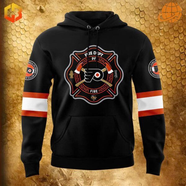 Front view of black Philadelphia Flyers hoodie with firefighter emblem