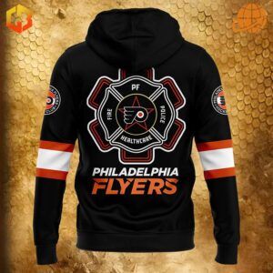 Back view of Philadelphia Flyers hoodie with firefighter symbol and team name