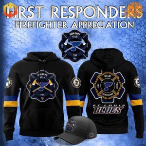 Full display of Firefighter Appreciation Night St. Louis Blues collection with hoodie and cap on blue textured background.