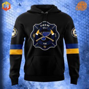 Front view of the Firefighter Appreciation Night St. Louis Blues Hockey Hoodie featuring the St. Louis Blues logo encased in a firefighter emblem with axes and blue-yellow sleeve accents.