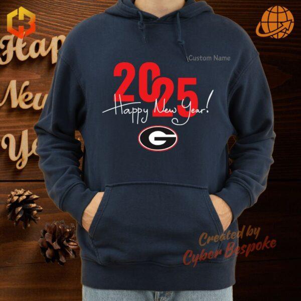 Georgia Bulldogs Happy New Year 2025 hoodie in red with the bold 'G' logo and festive New Year graphics.