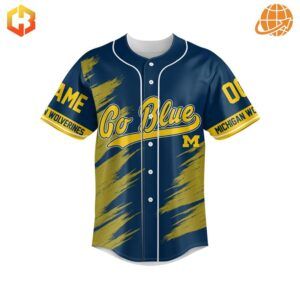 Front view of God First Family Second Then Michigan Wolverines Football Baseball Jersey with "Go Blue" text and Michigan "M" logo.