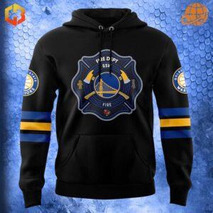 Front view of Golden State Warriors Firefighter Appreciation hoodie with badge design.