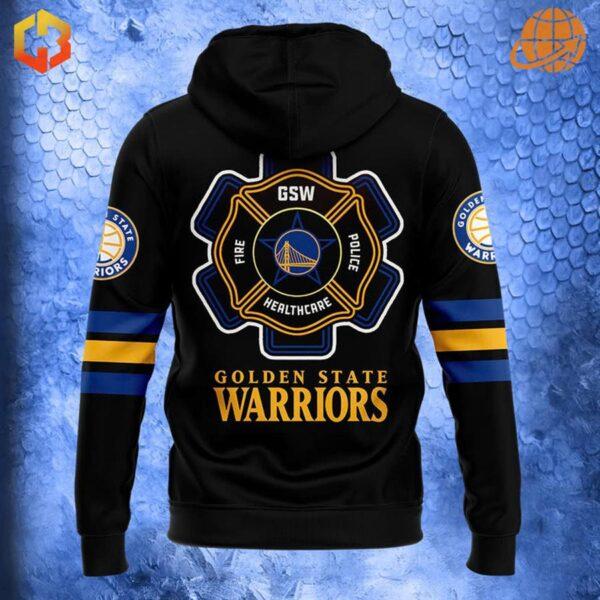 Back of Golden State Warriors Firefighter Appreciation hoodie with first responder logo.