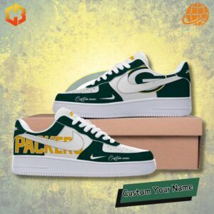 Custom Green Bay Packers Nike Air Force 1 sneakers with green, gold, and white design featuring the team logo