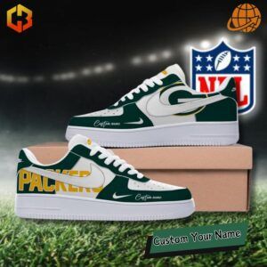 Nike Air Force 1 shoes inspired by the Green Bay Packers with bold team colors and detailing.