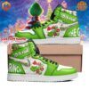 Grinch Ho Ho Ho Air Jordan 1 Shoes with green leather upper and "Ho Ho Ho" on the side panels.