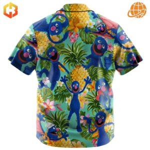 A vibrant Hawaiian shirt with a tropical print, showcasing Grover exploring a lush jungle.