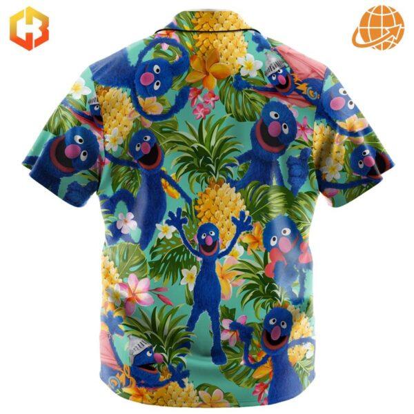 A vibrant Hawaiian shirt with a tropical print, showcasing Grover exploring a lush jungle.