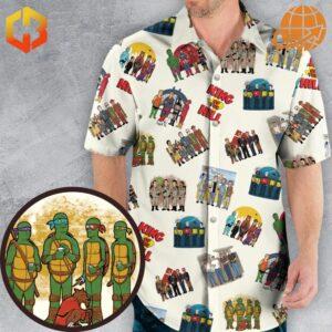 Close-up view of Hank Hill's Friends King Of The Hill Parody Hawaiian Shirt with cartoon character prints.