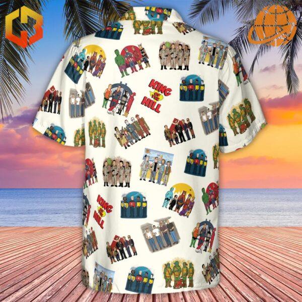 Back view of Hank Hill's Friends King Of The Hill Parody Hawaiian Shirt with character prints.