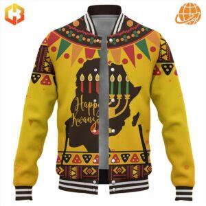 Happy Kwanzaa African Women Baseball Jacket featuring a vibrant Kwanzaa-themed design