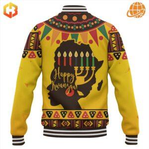 Stylish baseball jacket with bold African patterns and 'Happy Kwanzaa' text