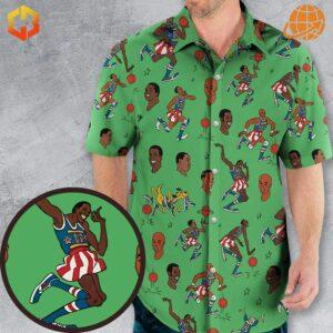 Front view of the Harlem Globetrotters Hawaiian shirt with colorful basketball designs.