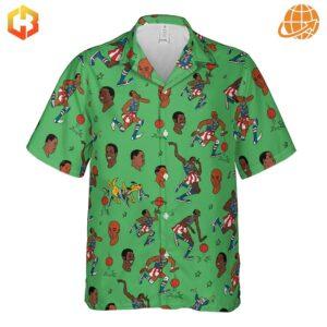 Full view of the Harlem Globetrotters Hawaiian shirt featuring playful basketball graphics.