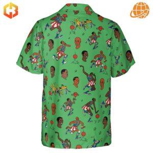 Back view of the Harlem Globetrotters Hawaiian shirt with vibrant character illustrations.