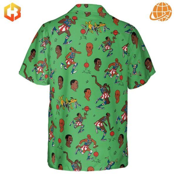 Back view of the Harlem Globetrotters Hawaiian shirt with vibrant character illustrations.