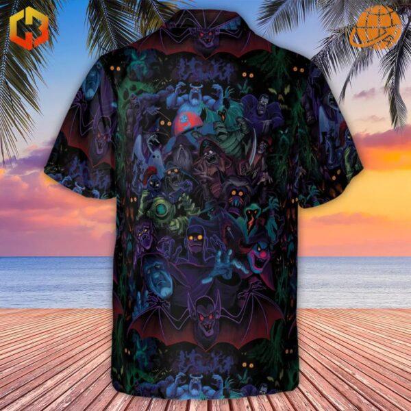 Flat-lay of Haunted Scooby-Doo Villains Hawaiian Shirt with villain print.