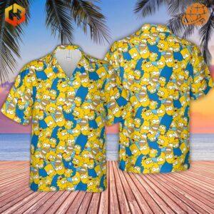 Close-up of the Simpsons characters print on the Head Toss The Simpson Characters Hawaiian Shirt.