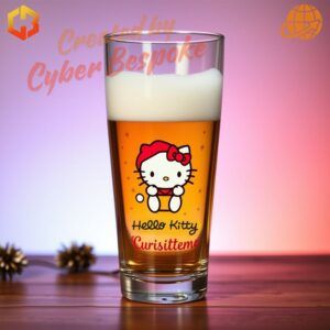 A custom beer glass featuring Hello Kitty wearing a Santa hat, surrounded by festive holiday decorations and 'Christmas 2024' text.