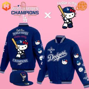 Blue and white Dodgers baseball jacket featuring Hello Kitty with a World Series trophy.