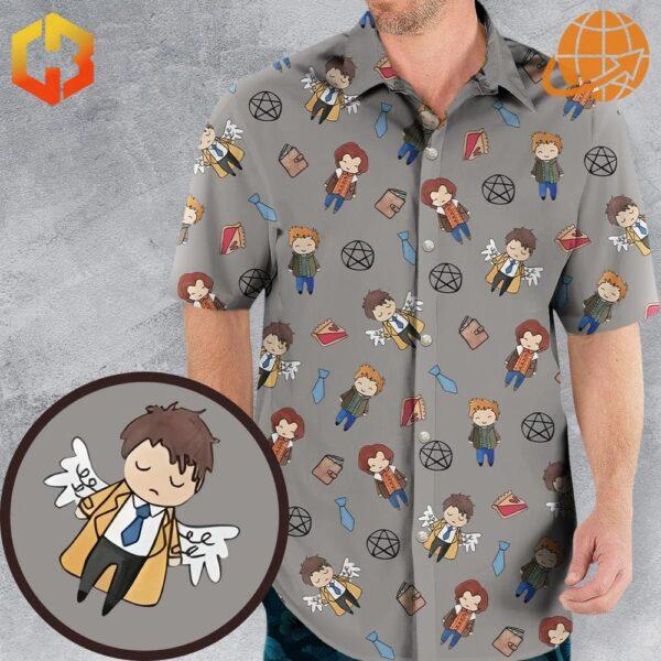 A man wearing the Hello Quirky Supernatural Hawaiian Shirt, featuring an all-over print of quirky supernatural characters.