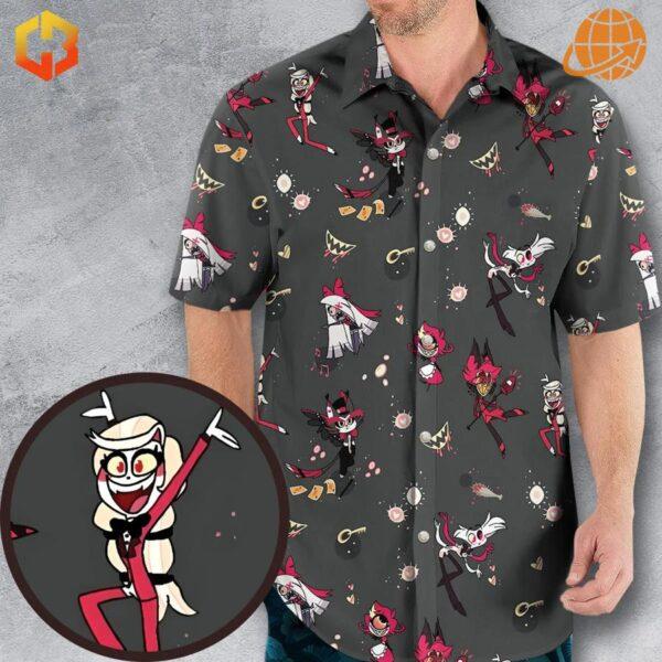 Close-up of Helluva Hazbin Hotel Hawaiian Shirt with vibrant character design.