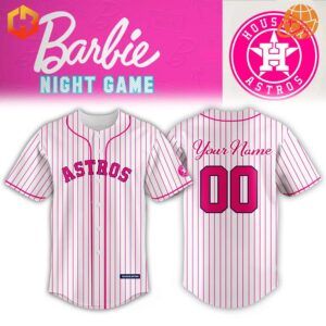 Front and back view of Houston Astros Barbie Night Custom Baseball Jersey featuring pink pinstripes, customizable text, and the bold Astros logo.