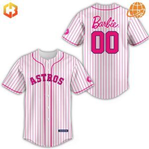 Front view of Houston Astros Barbie Night Custom Baseball Jersey with pink pinstripes and bold ASTROS lettering.