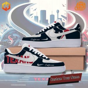 Custom Houston Texans Nike Air Force 1 sneakers with navy, red, and white design featuring the team logo