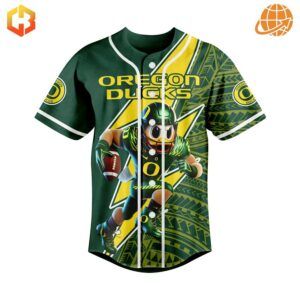 Front view of the I Am A Die Hard Oregon Ducks Fan Baseball Jersey with dynamic mascot illustration and “Oregon Ducks” text.