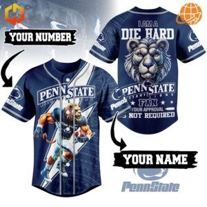 Penn State Nittany Lions baseball jersey featuring mascot illustration and customizable name and number options.