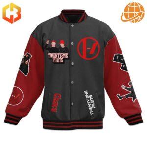 Detailed front view of I Am Clancy Twenty One Pilots Baseball Jacket featuring band logo and member silhouettes.