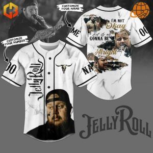 I'm Not Okay Jelly Roll Custom Baseball Jersey displayed front and back with artist portrait.